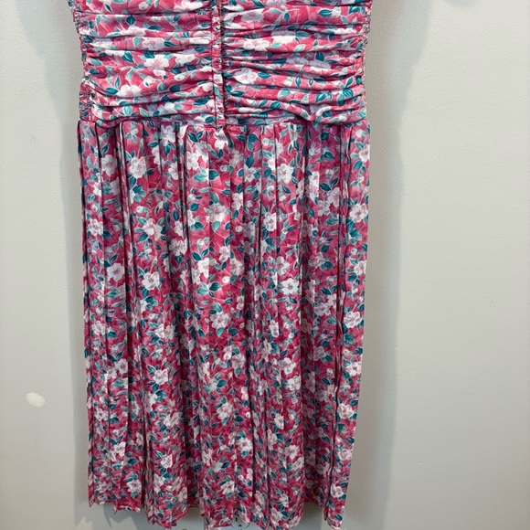 Vintage 80s Maggy Boutique Floral Pleated Skirt Ruched Waist Satin Midi Dress - Picture 7 of 11